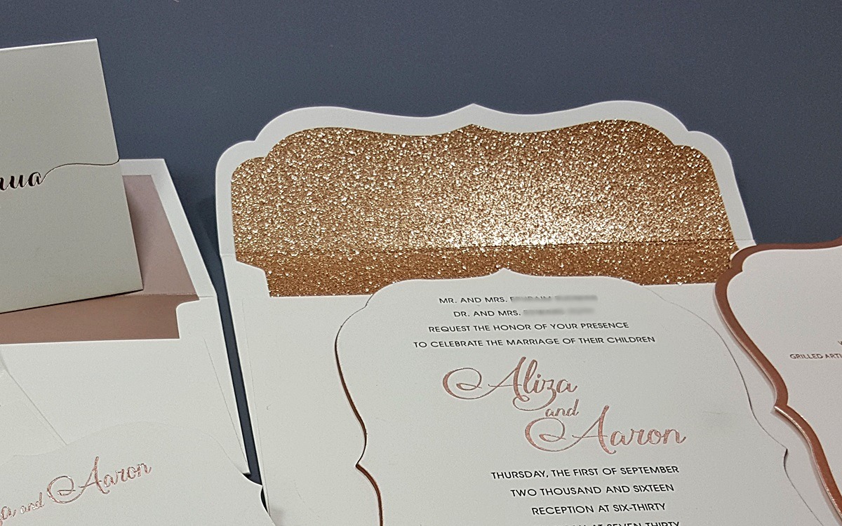 Custom invitation, glitter paper mounted liner